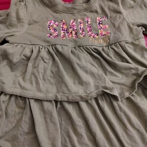 Girls Olive Green Ruffle Dress with Floral 'Smile' Design